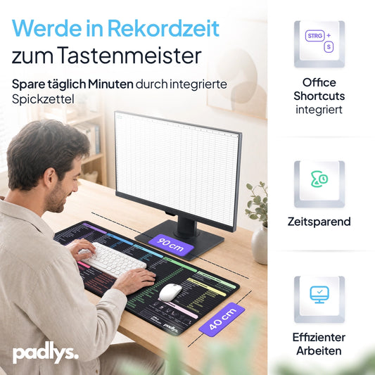 Office Mauspad Deutsch in 90 x 40 cm im Einsatz am Schreibtisch mit Monitor und Tastatur