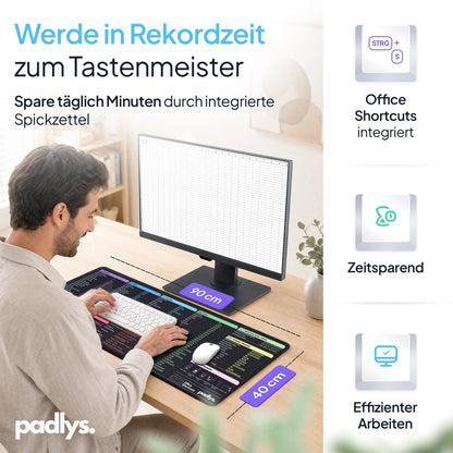 Mann am Schreibtisch nutzt das 90 x 40 cm Excel Mauspad Deutsch vor einem Monitor mit Excel-Tabelle