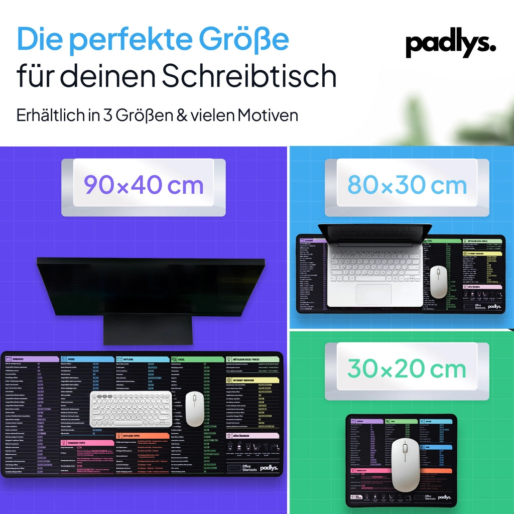 Excel Mauspad Deutsch im Größenvergleich: 90 x 40 cm, 80 x 30 cm und 30 x 20 cm