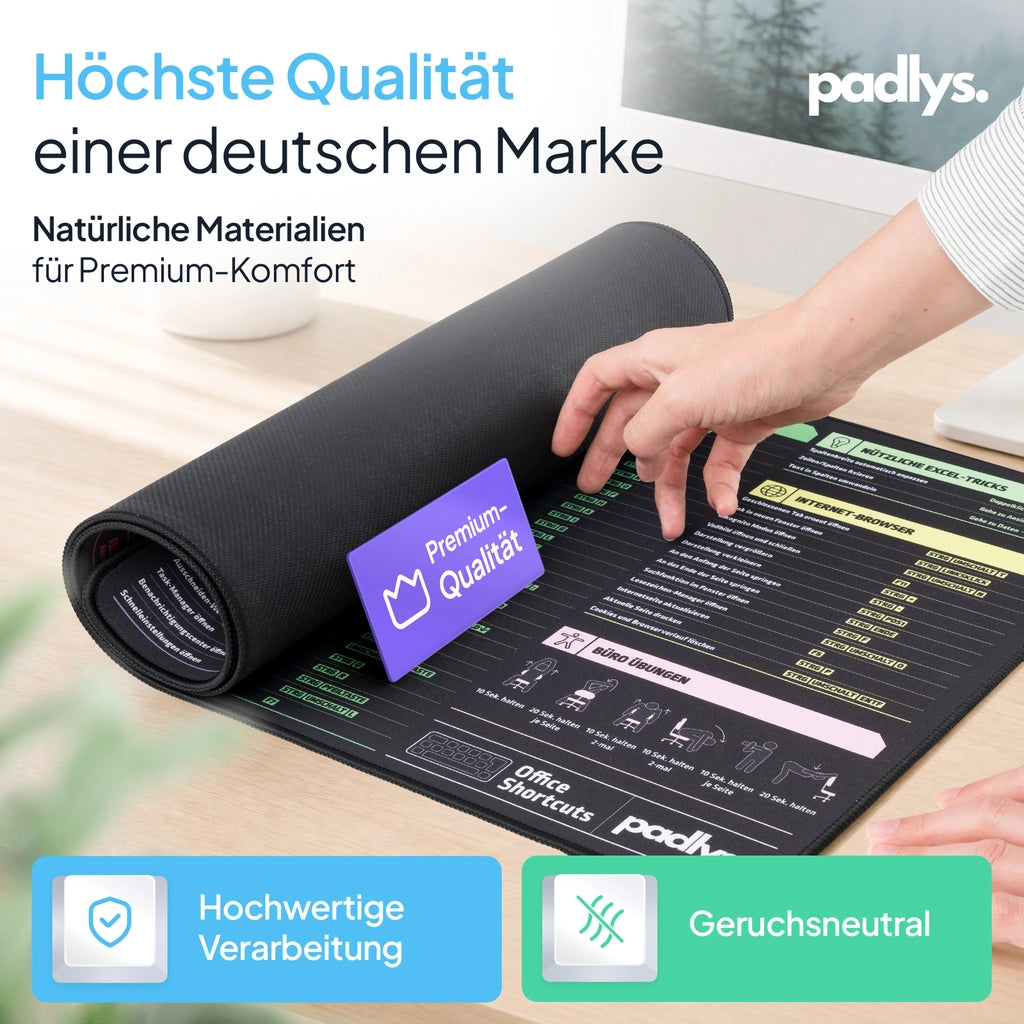 Aufgerolltes Excel Mauspad Deutsch mit vernähten Kanten und abriebfester Oberfläche