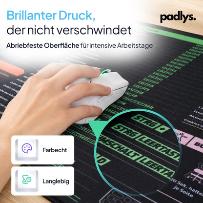 Nahaufnahme der gedruckten Excel-Tastenkombinationen unter einer weißen Maus